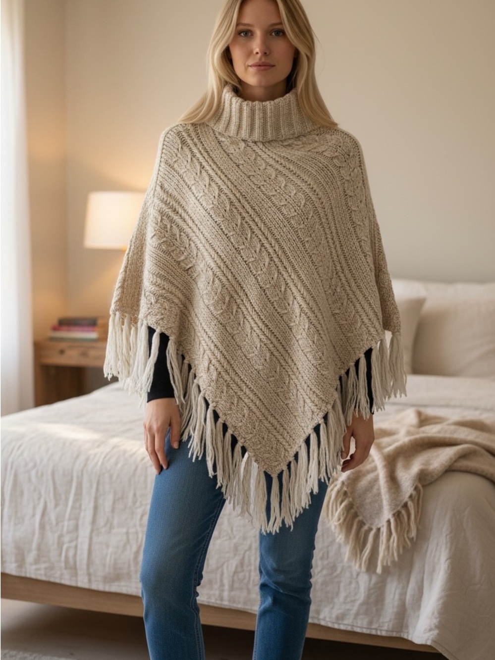 Cream Cable-Knit Fringe Poncho cape